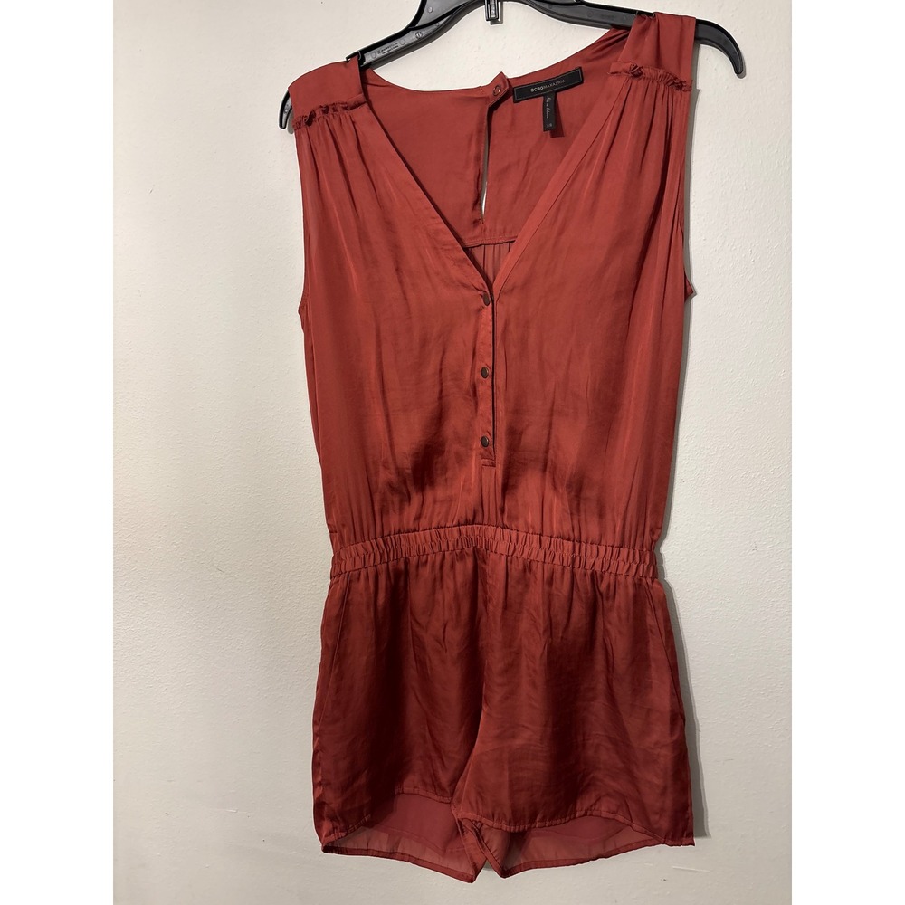 BCBGMAXAZRIA Romper Womens XS Rust Excellent Satin V-Neck Sleeveless Short